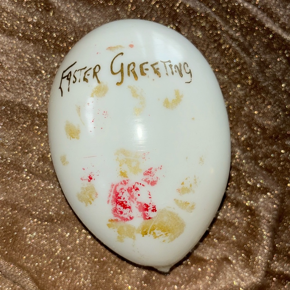 Vintage hand blown milk glass hand painted “Easter Greeting” 6” hollow large egg